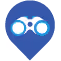 White binoculars icon inside a blue circle with a white crescent shape.