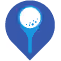 Blue map pin icon with a white golf ball inside at the top center.