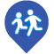 Icon of two stylized kids running inside a blue rounded hexagon shape.