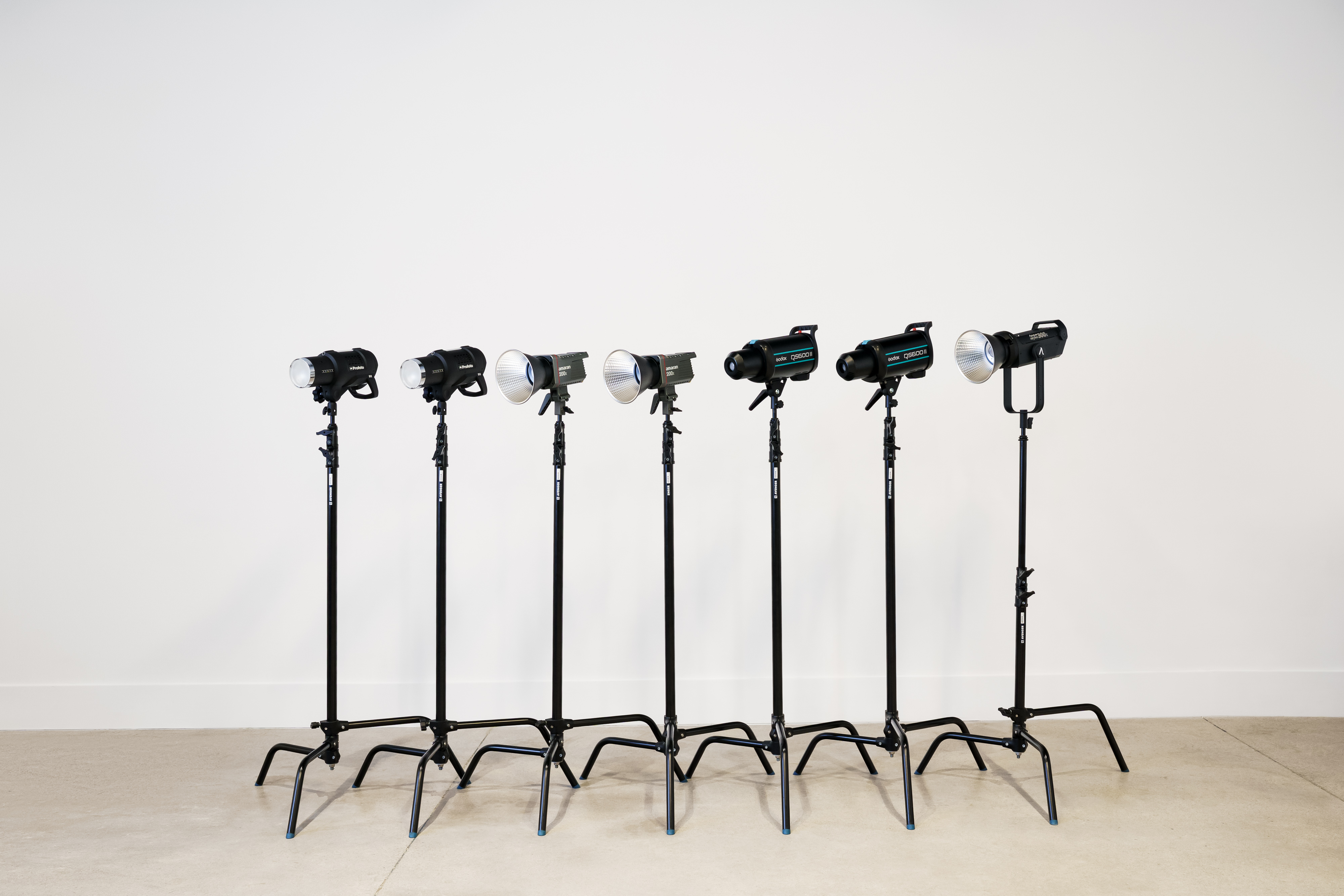 Various lighting equipment on C-stands