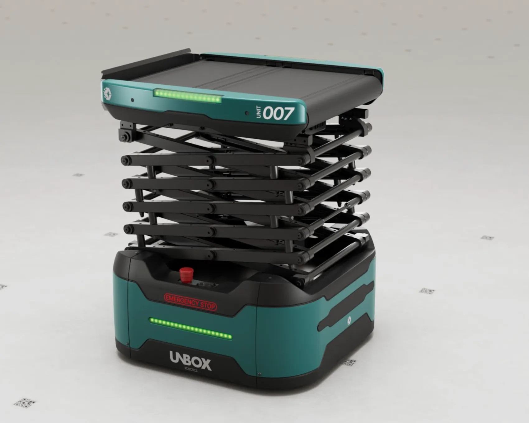 3D render of the UnboxSort scissor-lift sortation robot