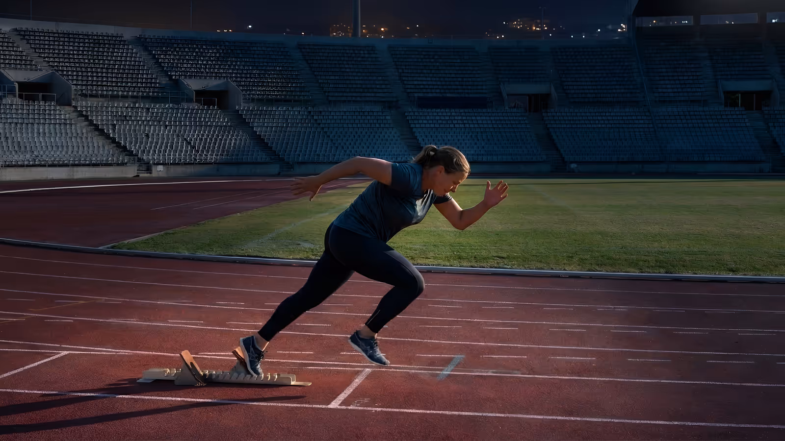 Female athlete sprinting off starting blocks on a track inside a large stadium.