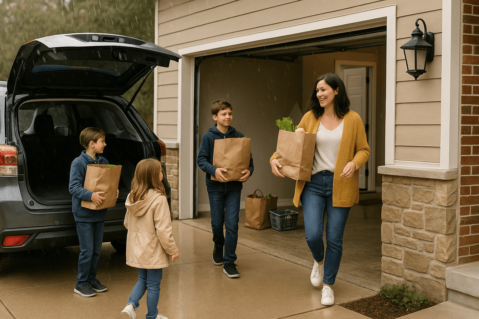 Family carries groceries into an attached garage on a rainy day.