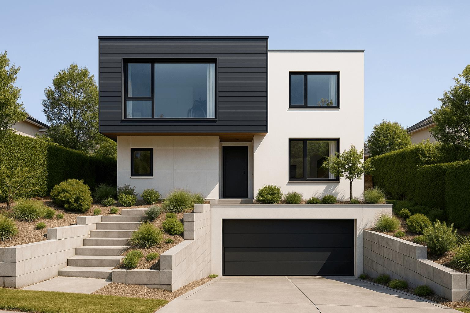 Modern two-story home with a built-in garage on a sloped lot, featuring a downward-sloping driveway, black garage door, retaining walls, and minimalist landscaping under midday sun.