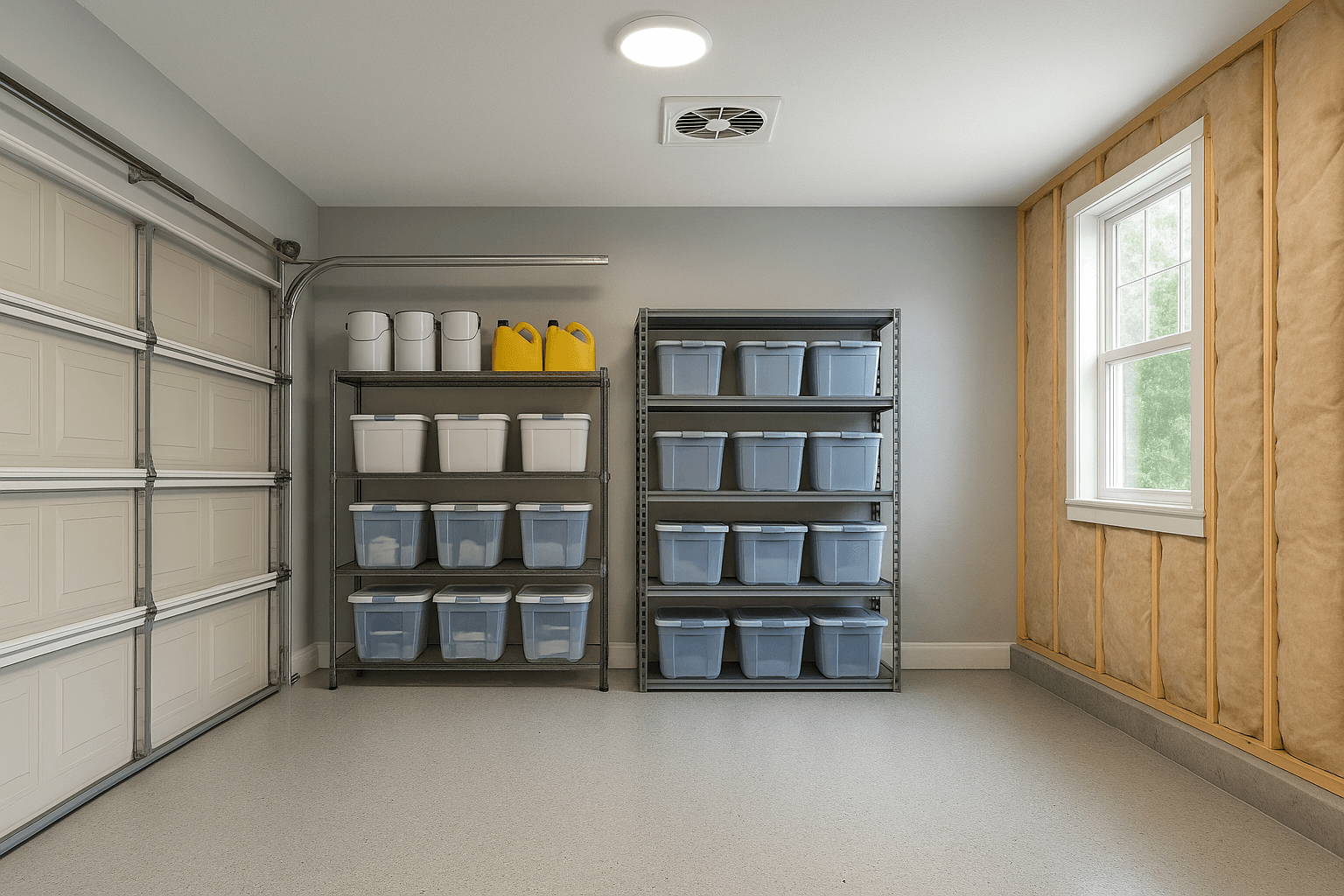 Interior of a finished garage featuring clean insulation-lined walls, a ceiling exhaust fan, bright LED lighting, a window for ventilation, and neatly organized shelves.