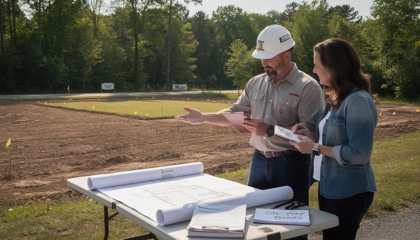 A builder engages in conversation with a couple on a tree-lined plot of land, discussing the construction process for their dream home while considering hidden costs such as site preparation and necessary permits to establish a realistic budget for their custom home. The scene reflects the couple's eagerness to navigate the potential costs involved in building a new house.