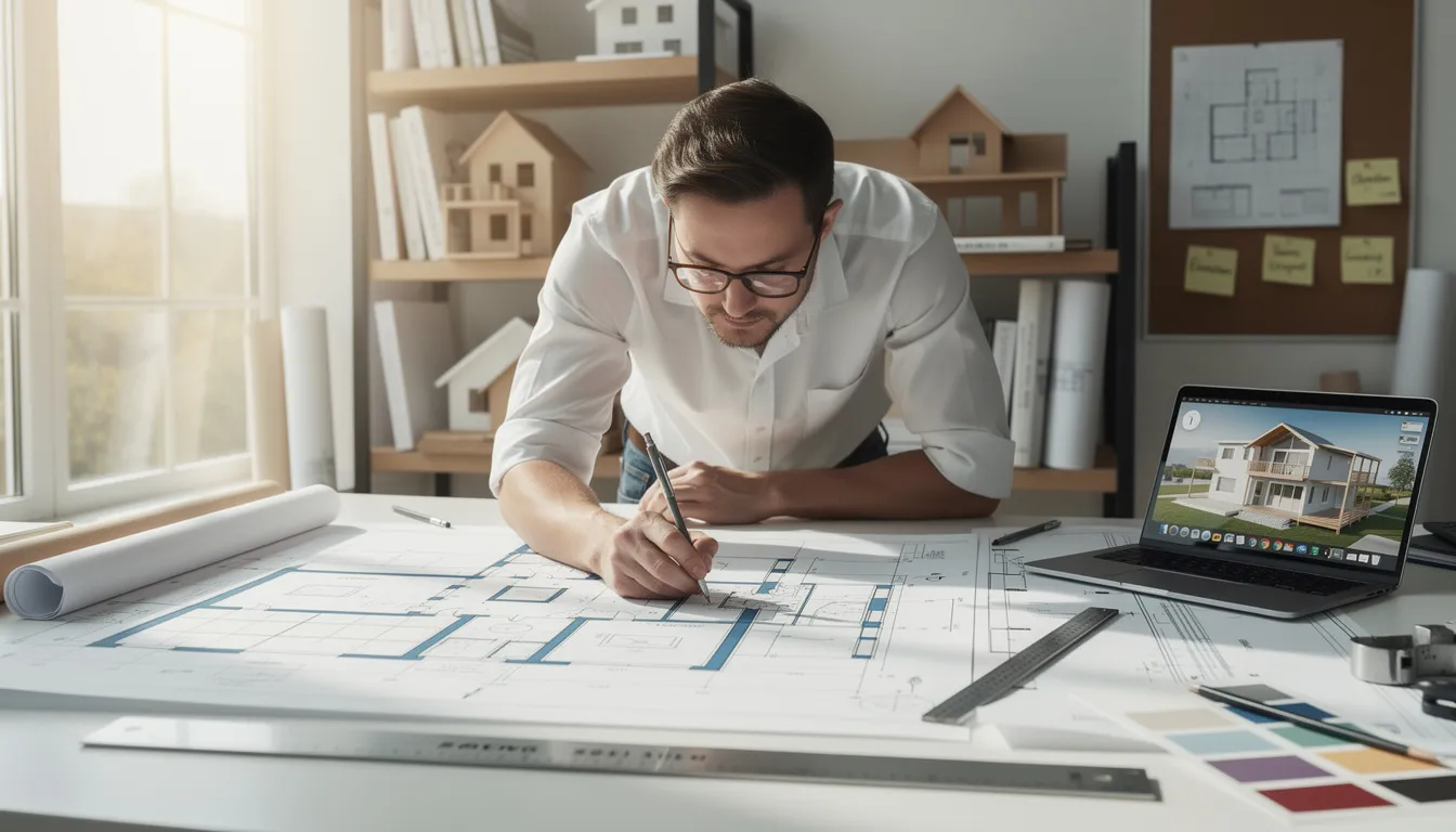 The image depicts an architect intently working on a detailed house blueprint, surrounded by various construction materials and tools. This scene highlights the initial steps in the home construction process, as the architect designs the floor plan for a custom build, ensuring compliance with local building codes and regulations.