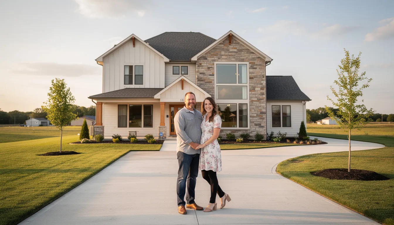 A couple stands proudly outside their custom-built home, showcasing the unique architectural style and personalized space that reflects their dreams. This custom home, built specifically for their preferences, highlights the advantages of working with custom home builders versus production builders.
