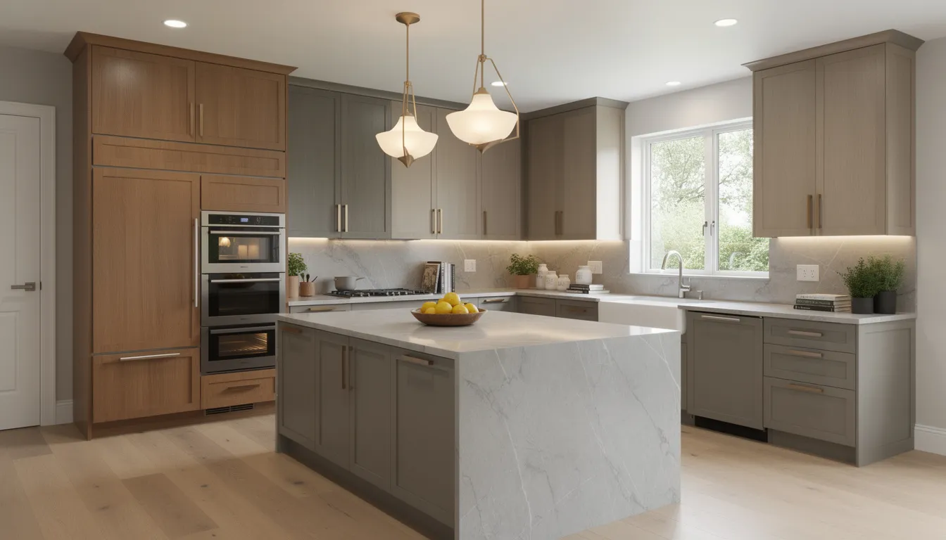 The image depicts a spacious custom kitchen featuring unique cabinetry, elegant stone countertops, and stylish custom lighting fixtures, showcasing the complete design freedom that custom home builders offer. This personalized space exemplifies the key differences between custom and production homes, highlighting the opportunity for homeowners to create their dream home tailored to their preferences.