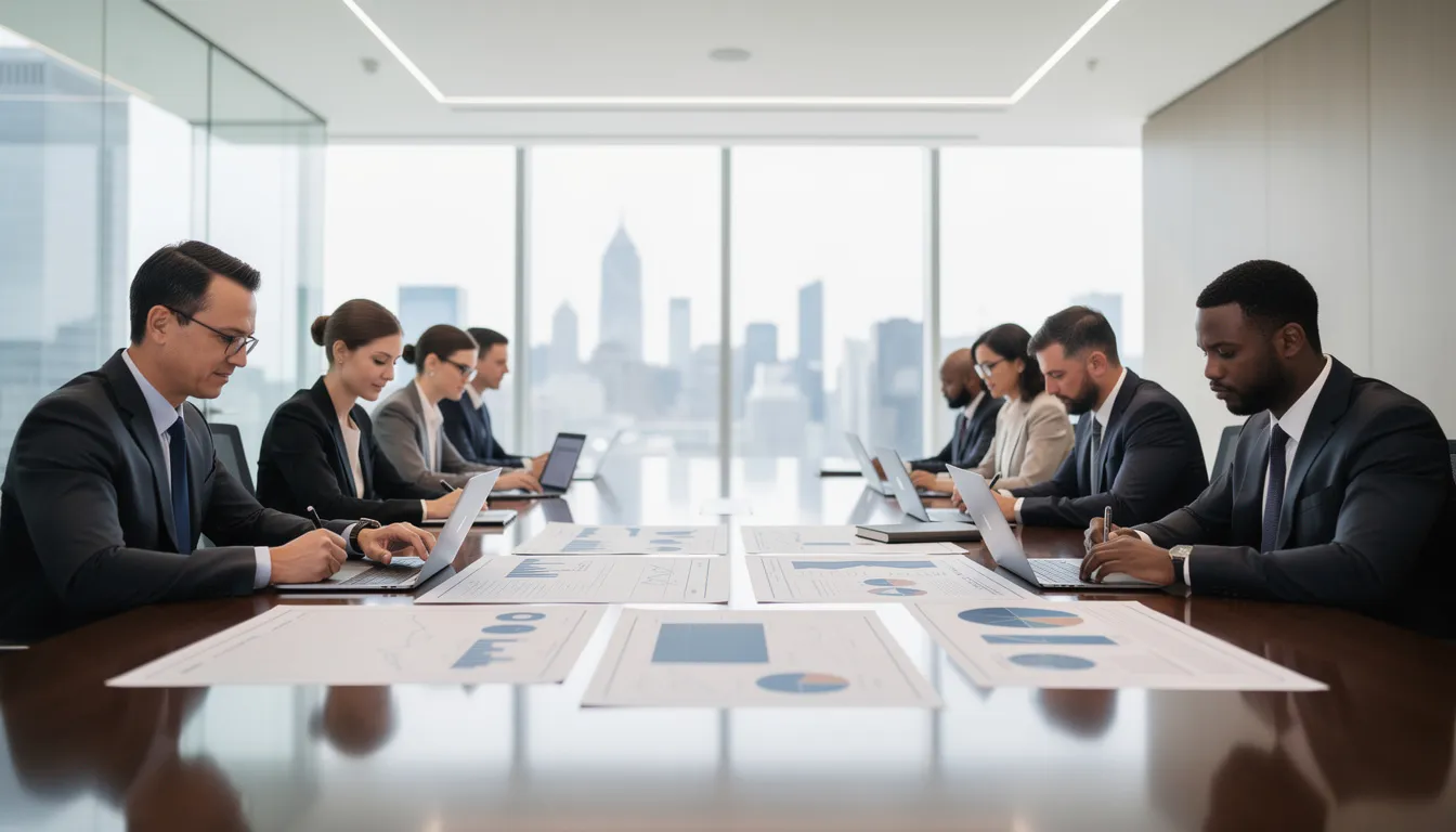 In a modern conference room, business professionals are collaboratively reviewing project documents, emphasizing the importance of the design build process in construction projects. The scene highlights the need for effective communication and teamwork among design and construction teams to ensure the project's goals are met efficiently.