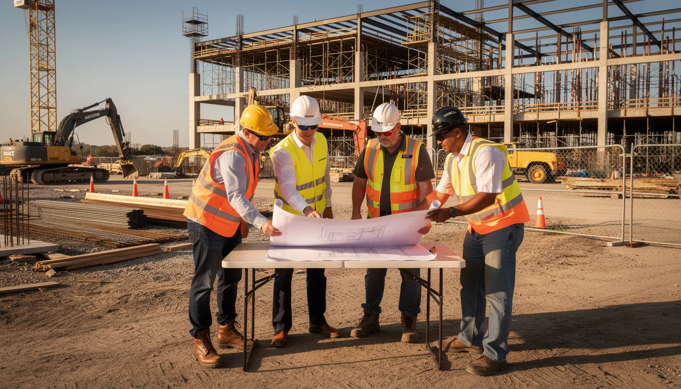 A group of construction workers and supervisors are gathered at an active job site, intently reviewing plans and preliminary drawings. This collaborative effort reflects the design build process, emphasizing the importance of communication and teamwork in achieving the project’s goals efficiently.