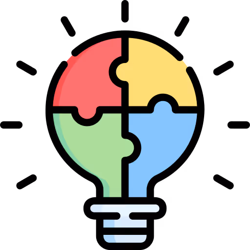 Light bulb composed of four interlocking puzzle pieces in red, yellow, green, and blue.