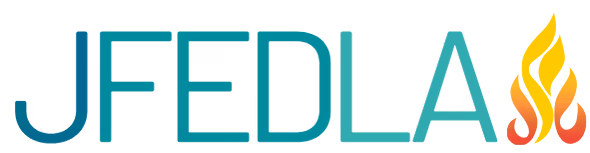 Text 'JFEDLA' in blue-green gradient with stylized yellow and orange flame design to the right.