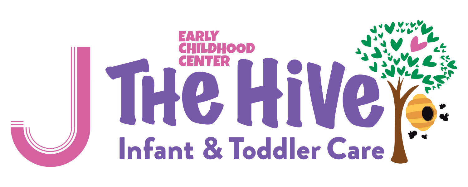 Logo for J The Hive Early Childhood Center featuring a stylized letter J, a tree with green heart-shaped leaves, a yellow beehive, and text saying Infant & Toddler Care.