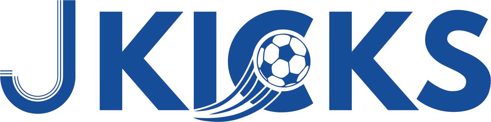 Blue text logo spelling JKICKS with a soccer ball integrated in the letter C leaving motion trails.