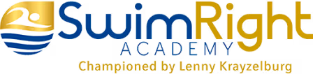 SwimRight Academy logo with stylized swimmer icon and text champoined by Lenny Krayzelburg.