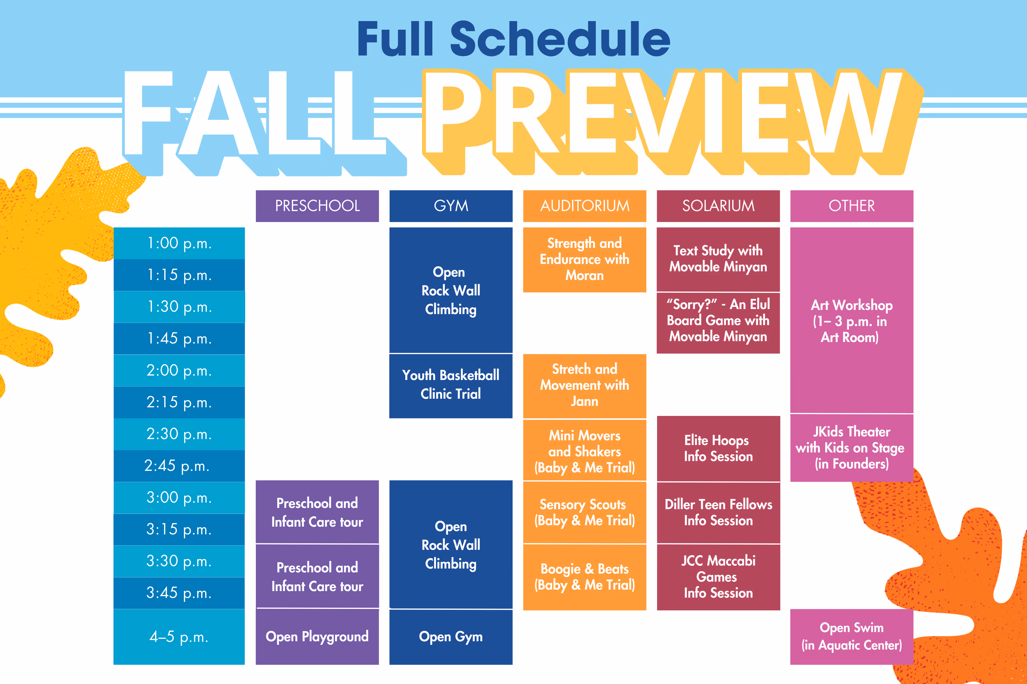 Fall Preview full schedule from 1:00 to 5:00 p.m. listing activities by Preschool, Gym, Auditorium, Solarium, and Other locations with times and specific events such as rock wall climbing, basketball clinic trial, baby and me trials, info sessions, art workshop, and open swim.