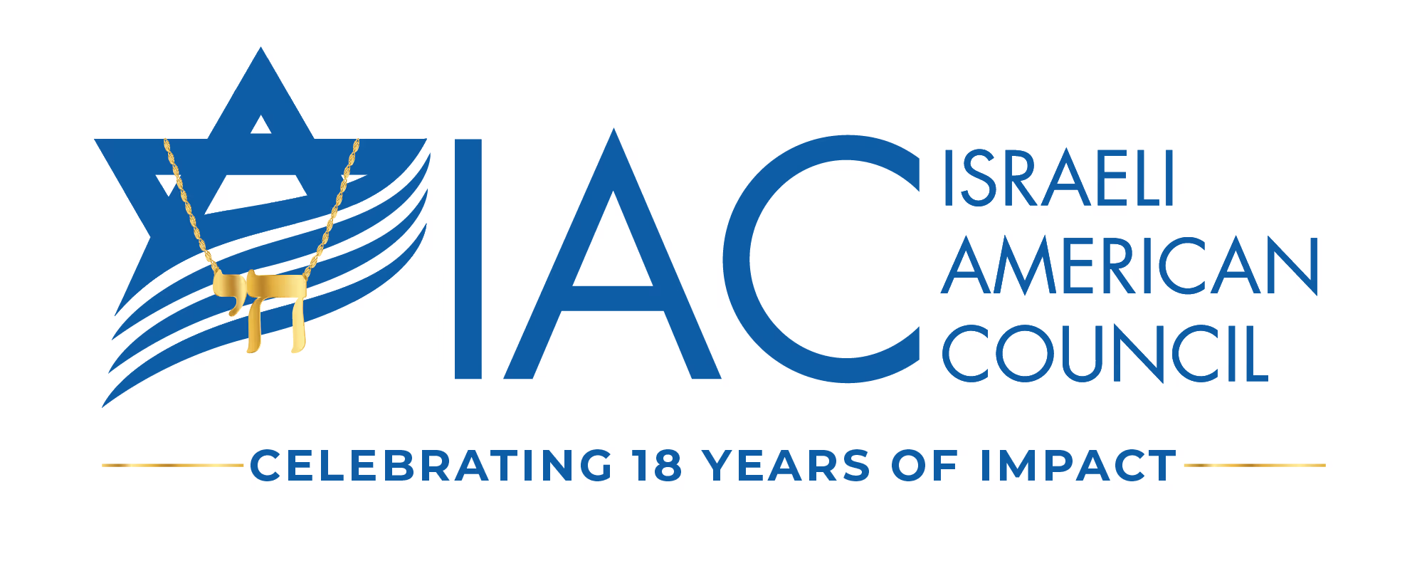 Israeli American Council logo featuring a blue Star of David with stripes and a gold chai pendant, text reads 'IAC Israeli American Council Celebrating 18 years of impact'.