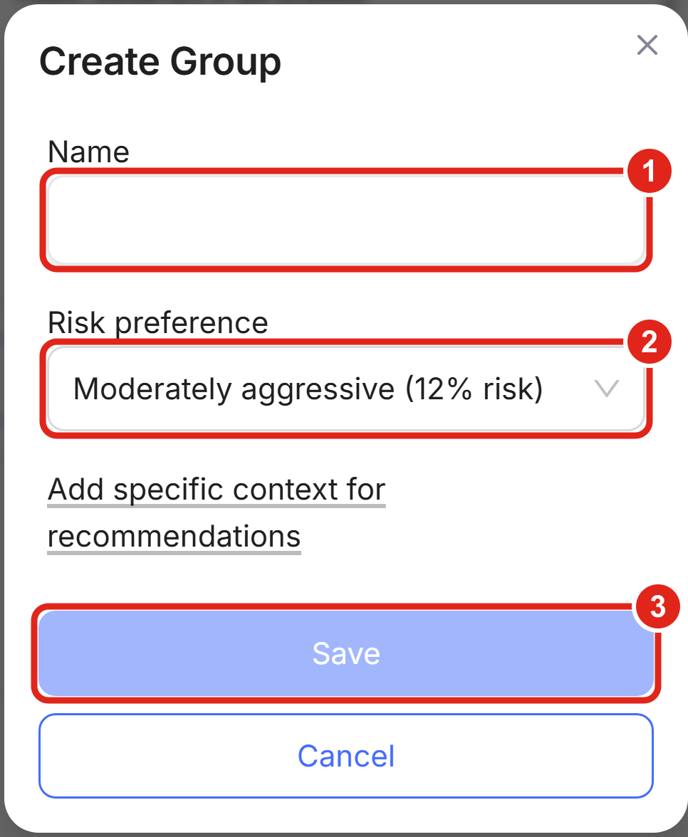 Mobile view of the Create Group dialog with the Name field (1), Risk preference dropdown (2), and Save button (3) stacked.