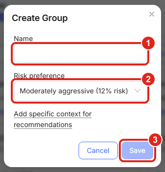 The Create Group dialog: a Name field (1), a Risk preference dropdown (2), and the Save button (3).