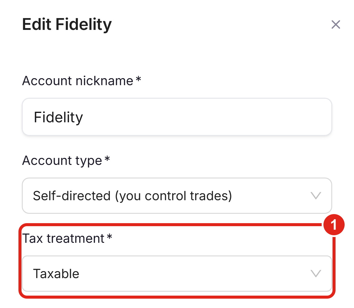 Mobile view of the full-screen Edit account drawer, with the Tax treatment field (1) set to Taxable.