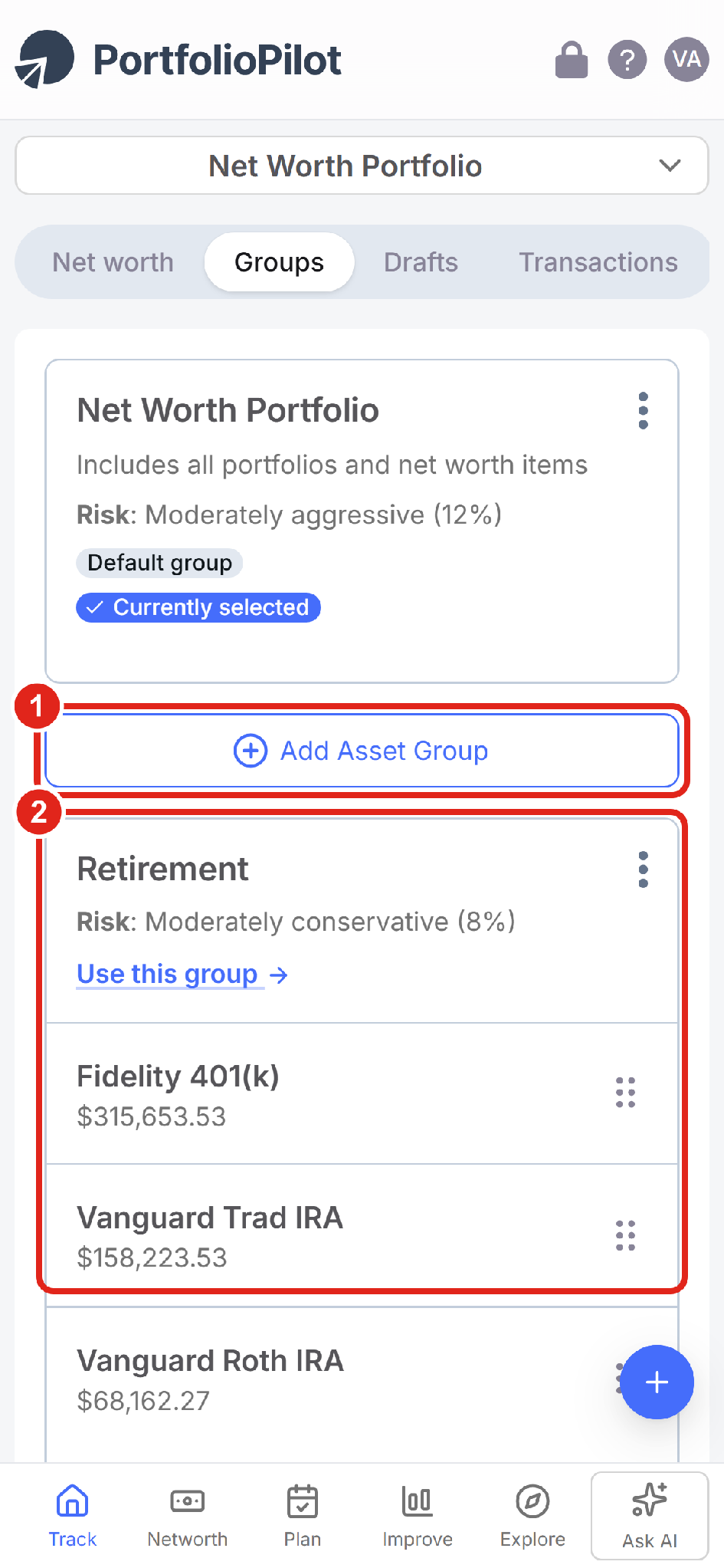 Mobile view of the grouped layout: Add Asset Group (1) above a group card (2) with its accounts and drag handles, and the bottom navigation bar.