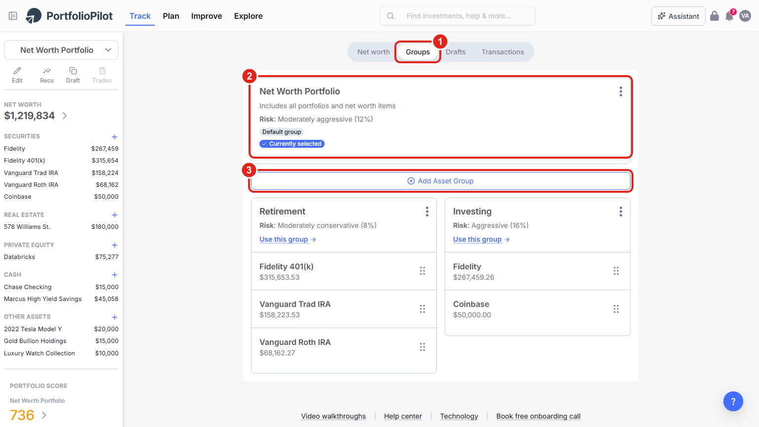 The Groups tab on the Net Worth page (1), the Net Worth Portfolio default-group card (2), and the Add Asset Group button (3), with two example groups below.