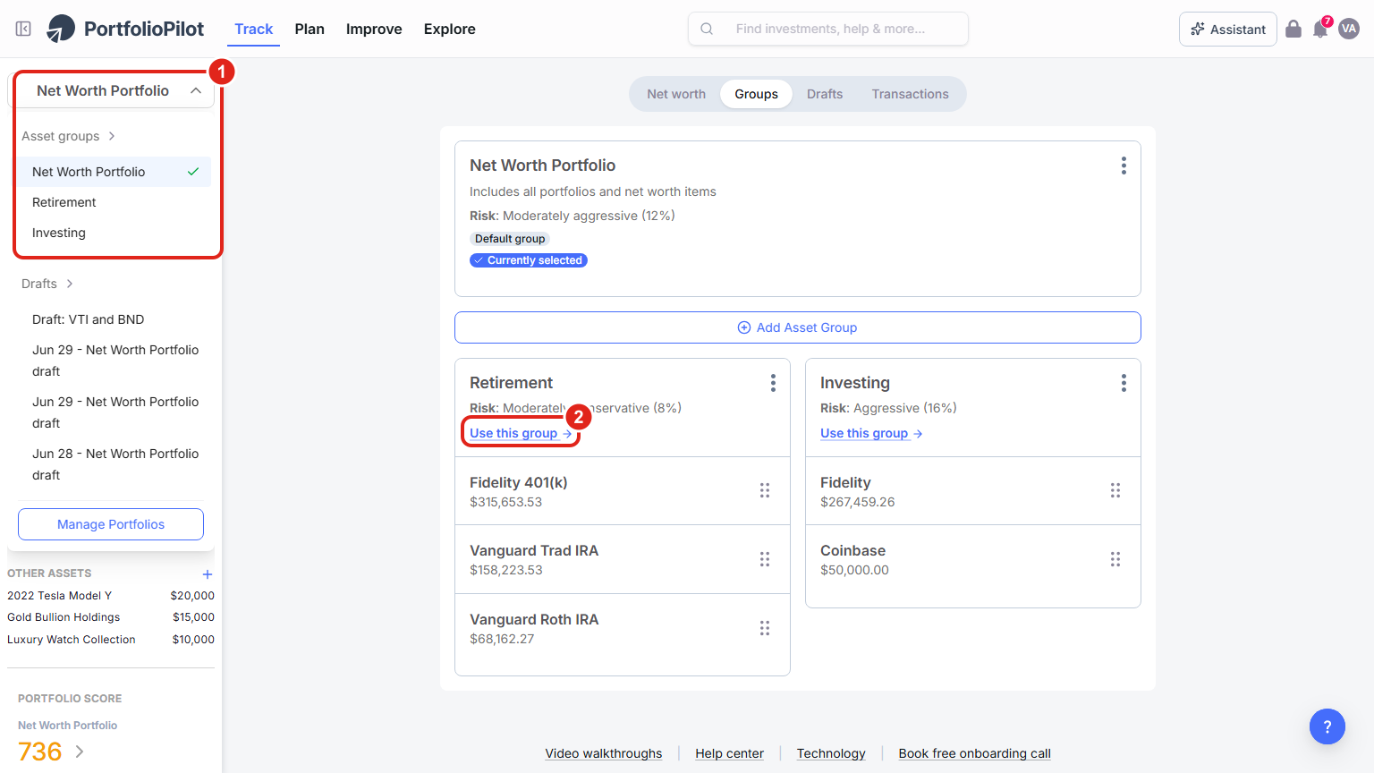 The portfolio selector at the top of the left menu (1), expanded to show the Asset groups list, and the Use this group link on a group card (2).