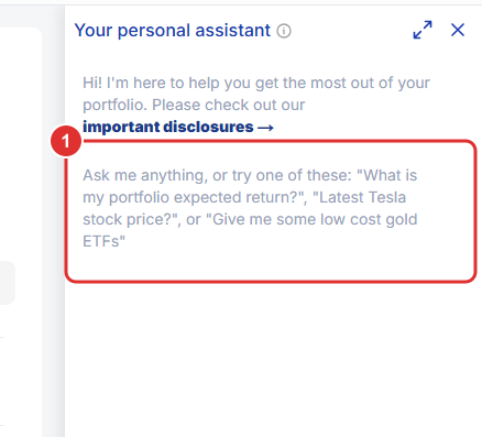 The AI Assistant side panel titled 'Your personal assistant' with a greeting, suggested prompts, and the Ask anything input box.