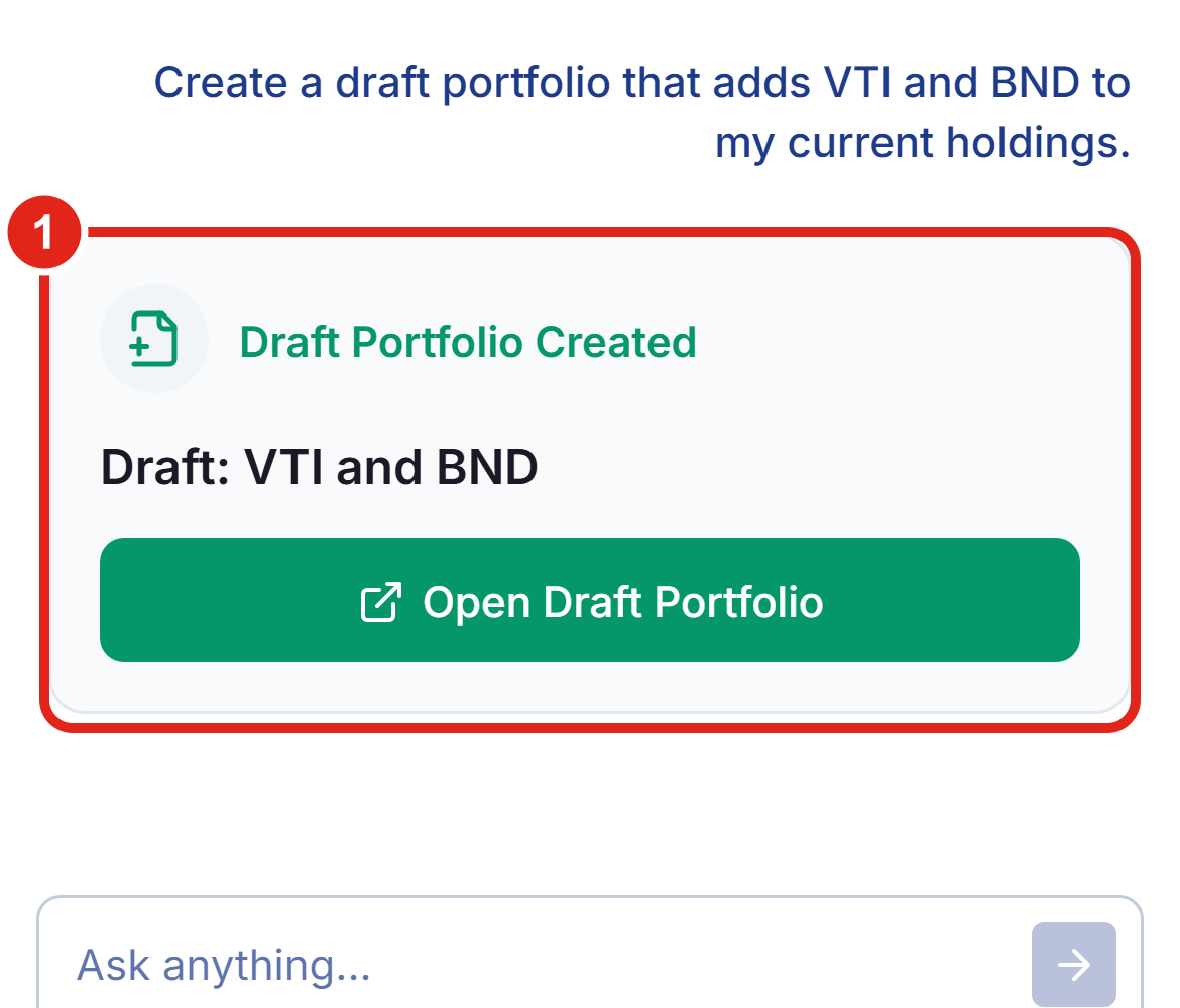 Mobile: the AI Assistant returning a Draft Portfolio Created card in the full-screen chat.