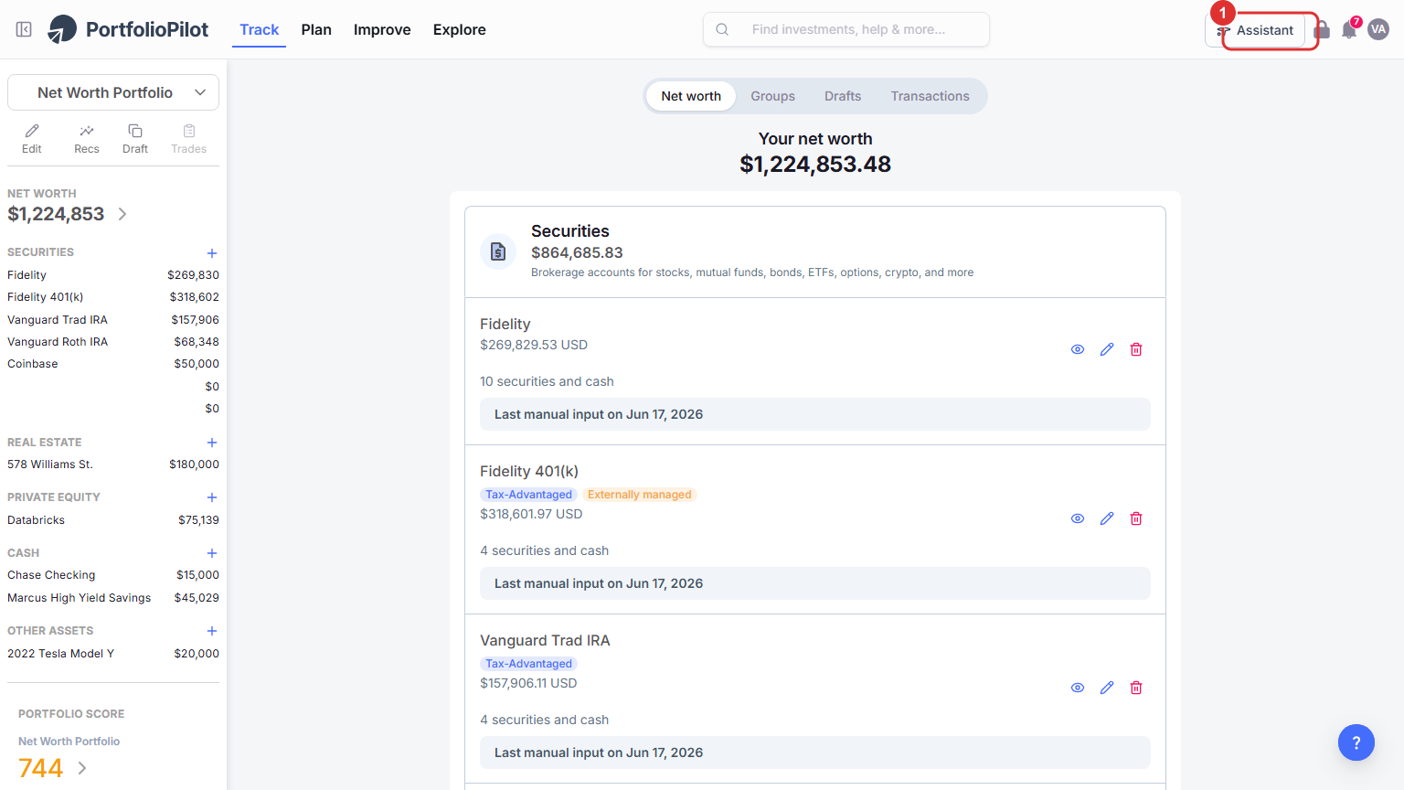 The Assistant button with a sparkles icon in the PortfolioPilot top navigation bar.