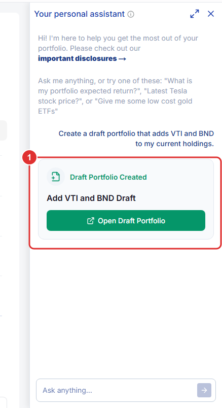 The AI Assistant creating a draft portfolio that adds two holdings, with an Open Draft Portfolio button.