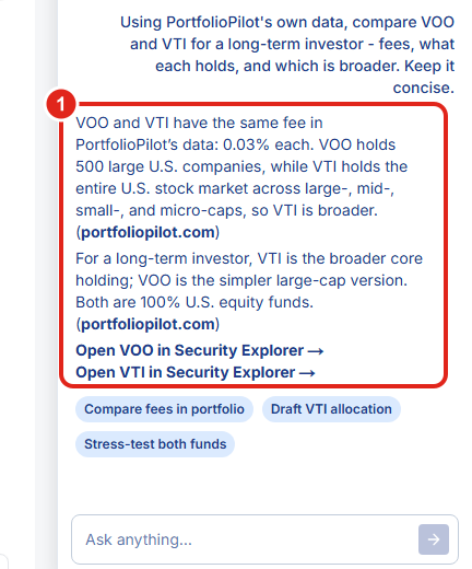 The AI Assistant giving a plain-language comparison of two funds, VOO and VTI, including fees, holdings, and which is broader.