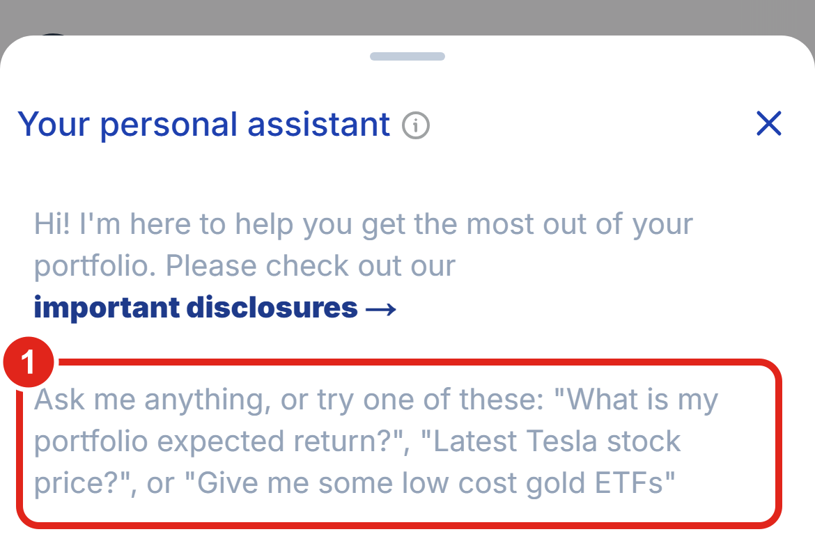 Mobile: the AI Assistant full-screen chat with the greeting and context-aware suggested prompts.
