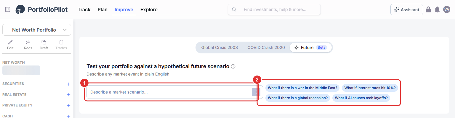The Future tab. Callout 1 marks the plain-English scenario box; callout 2 marks the example prompt chips.