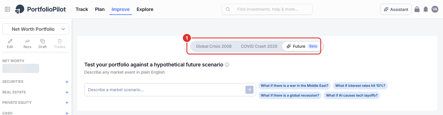 The Improve > Simulations page. Callout 1 highlights the three tabs: Global Crisis 2008, COVID Crash 2020, and Future.
