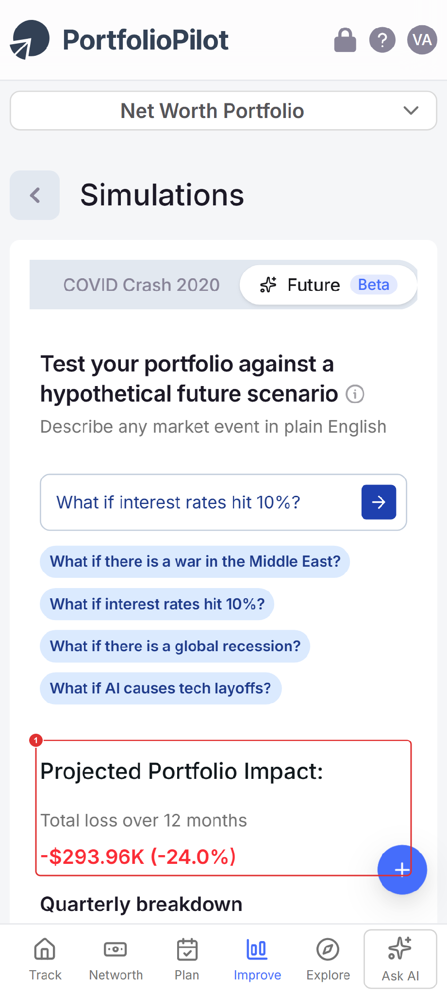 Mobile view of a Future simulation, with the scenario prompt at the top and the Projected Portfolio Impact below.