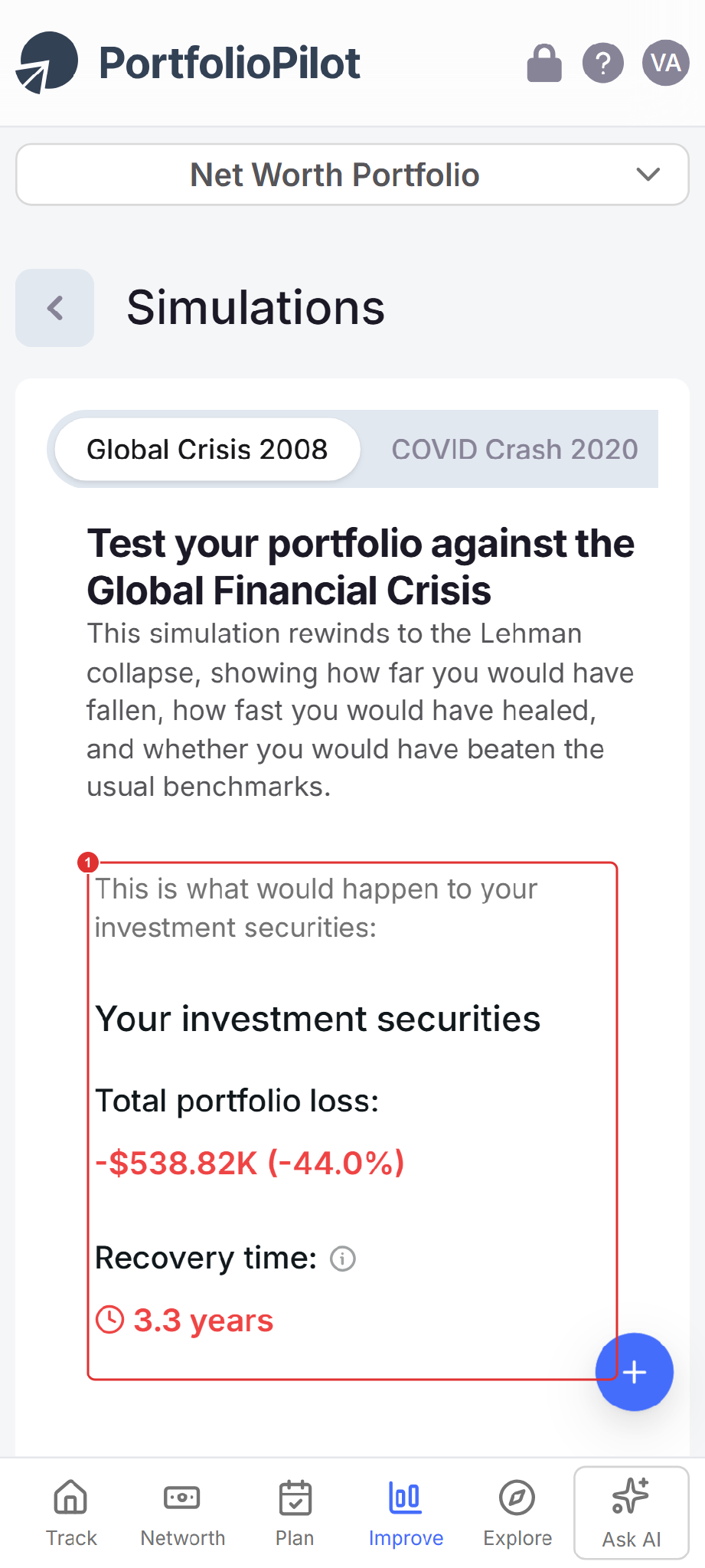 Mobile view of the Global Crisis 2008 result, with Total portfolio loss and Recovery time stacked at the top.