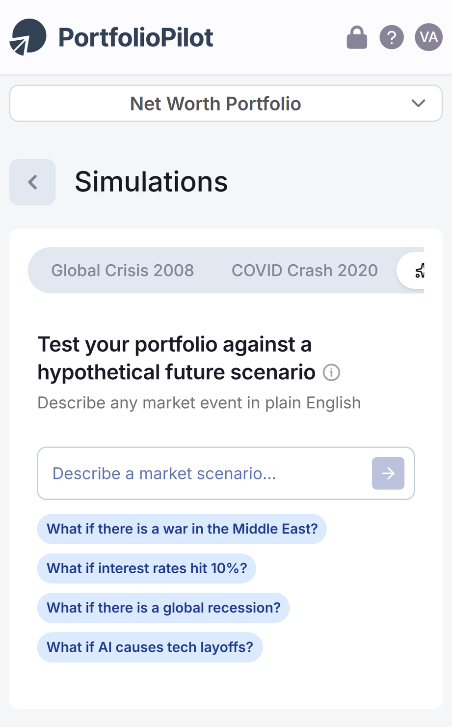 The PortfolioPilot Simulations page on a phone, showing the Global Crisis 2008, COVID Crash 2020, and Future tabs above the scenario box and example prompts.