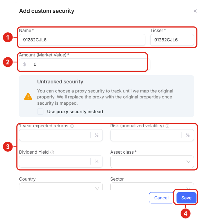 The PortfolioPilot Add custom security slideover with Name and Ticker set to a Treasury CUSIP, an Amount field, an Untracked security notice, and assumption inputs.