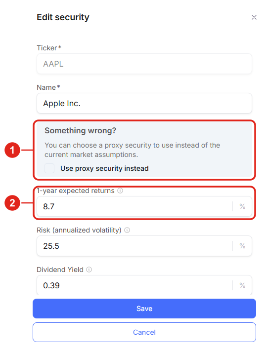 Mobile: a full-screen security drawer with a Use proxy security instead option and expected-return, risk, and dividend inputs.