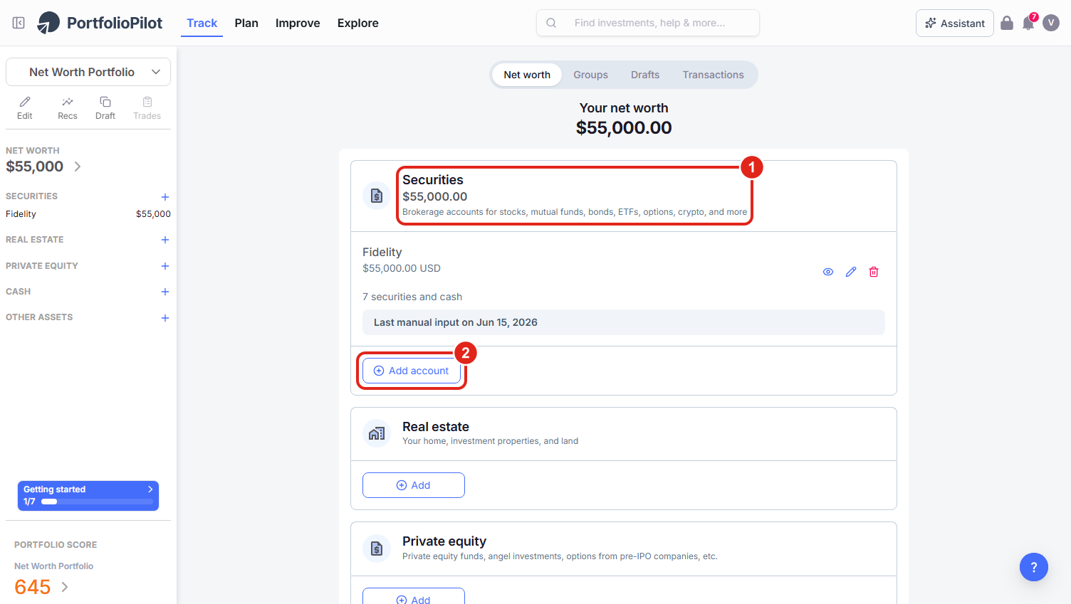 The Track > Net worth page. (1) marks the Securities section, where brokerage and investment accounts live; (2) marks the Add account button you click to start importing. Figures shown are illustrative.
