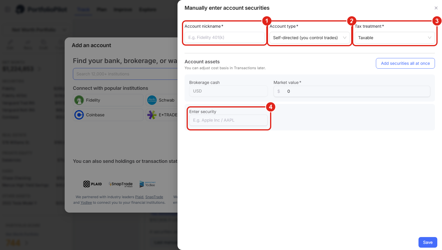 The Manually enter account securities drawer. (1) marks Account nickname; (2) marks Account type; (3) marks Tax treatment; (4) marks the Enter security box where you add each holding.