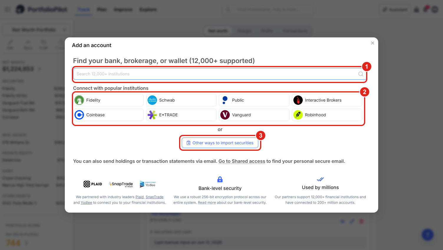 The Add an account window. (1) marks the institution search (12,000+ supported); (2) marks the grid of popular institutions you can connect in one click; (3) marks Other ways to import securities, for accounts that will not connect. Figures shown are illustrative.