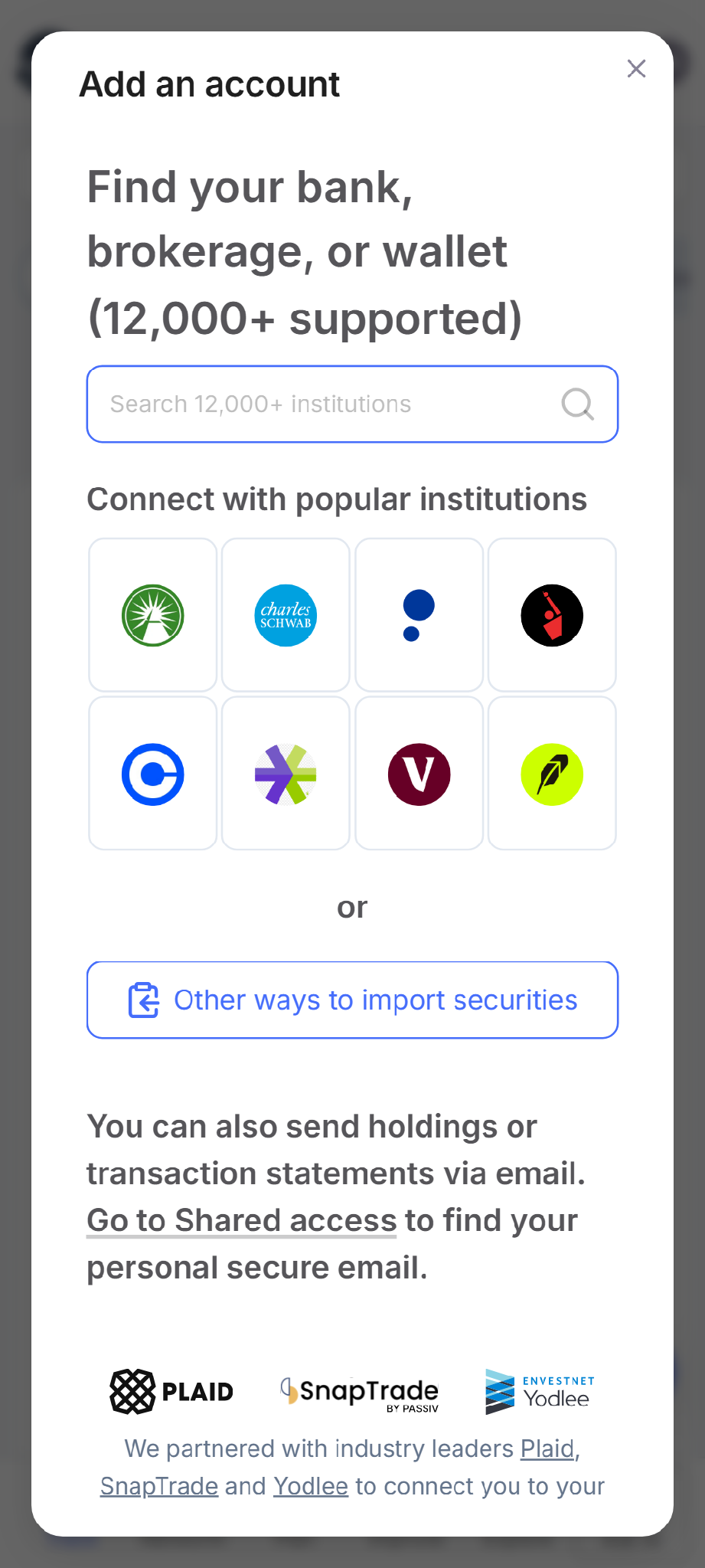 Mobile view: the Add an account window full-screen on a phone, with institution search, popular institutions, and Other ways to import securities.