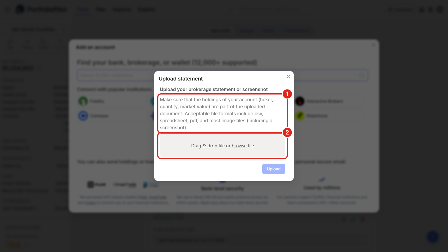 The Upload statement dialog. (1) marks the note that the file must include each holding's ticker, quantity, and market value, with the accepted formats (csv, spreadsheet, pdf, and most images including a screenshot); (2) marks the drag-and-drop / browse area.