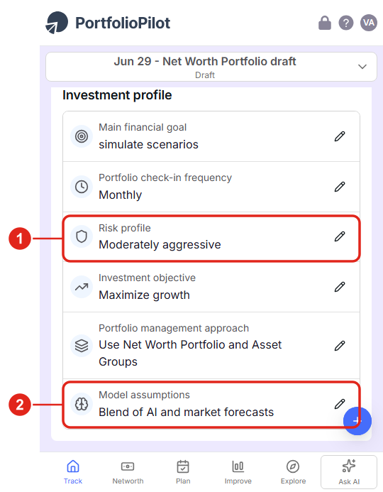 Mobile view: Preferences as a scrollable list - your Risk profile (1) and Model assumptions (2).