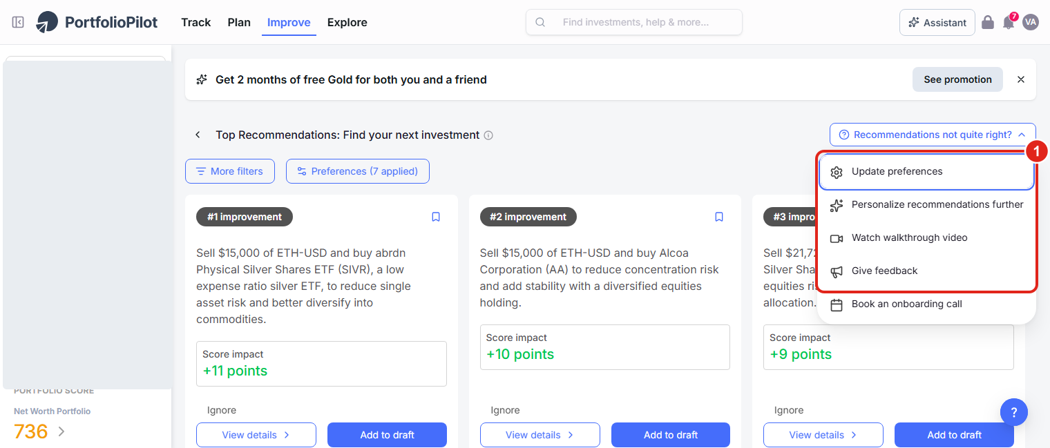 The Recommendations not quite right? menu (1) with options to Update preferences, Personalize recommendations further, watch a walkthrough, or give feedback.
