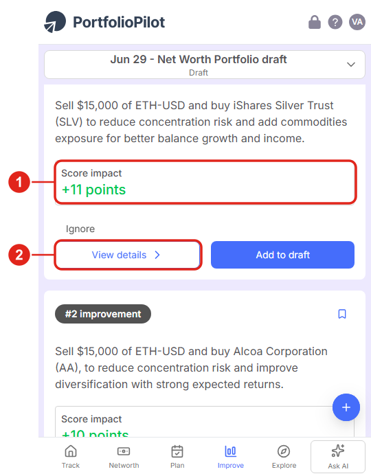 Mobile view: a recommendation card with its Score impact (1) and View details (2).