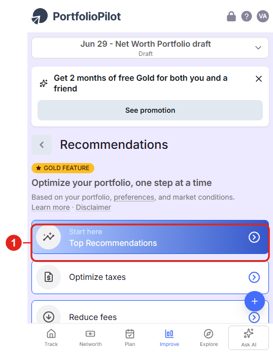Mobile view: the recommendation strategies stack into one scrollable column, Top Recommendations first (1).